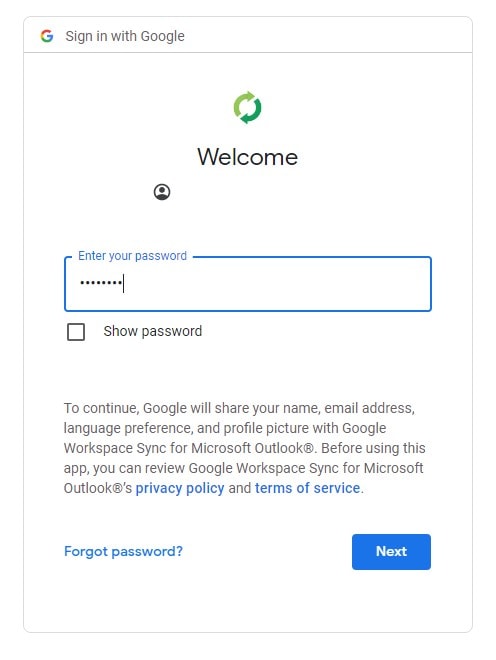 Hướng dẫn cài đặt Google Workspace Sync for Microsoft Outlook 22 nhập mật khẩu tài khoản