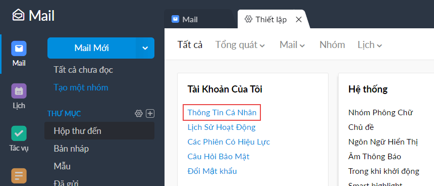 Hướng dẫn thay đổi tên hiển thị khi gửi email Zoho Mail 19 chọn thông tin cá nhân trong zoho mail