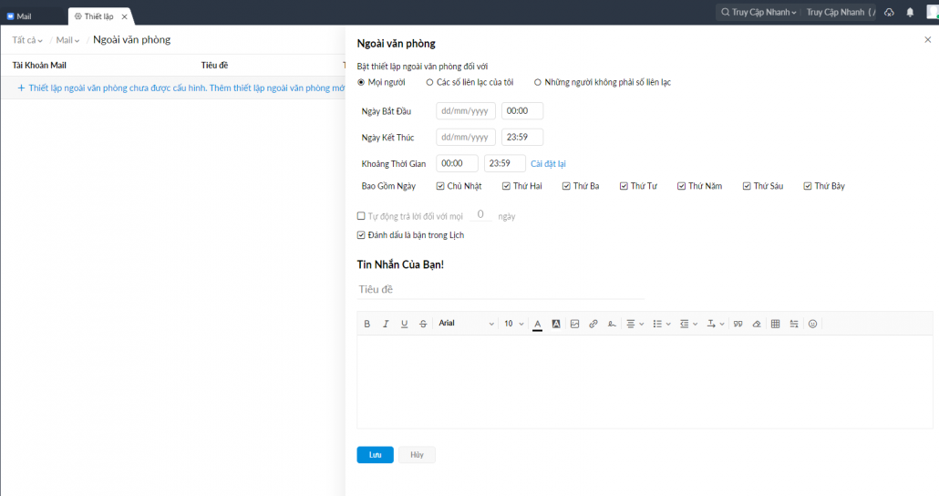 Hướng dẫn thiết lập trả lời email tự động Zoho Mail 15 điền thông tin trên zoho mail