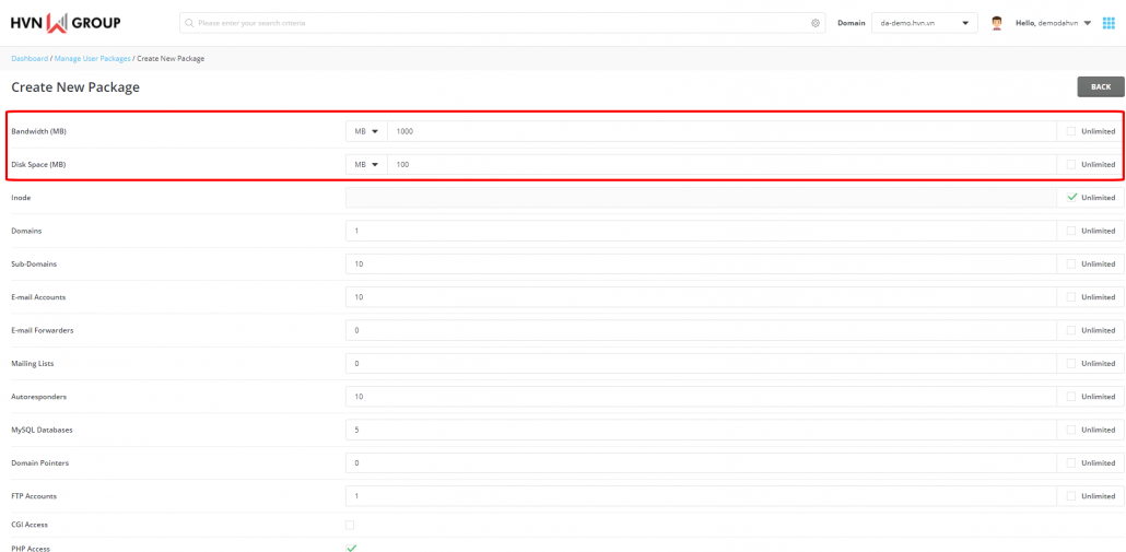 Hướng dẫn tạo và quản lý package trong tài khoản Reseller DirectAdmin 14 các thông số cơ bản
