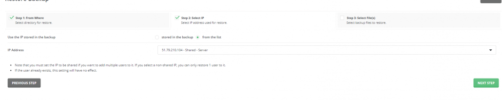 Hướng dẫn phục hồi dữ liệu cho các user trong tài khoản Reseller DirectAdmin 18 lựa chọn ip để thực hiện