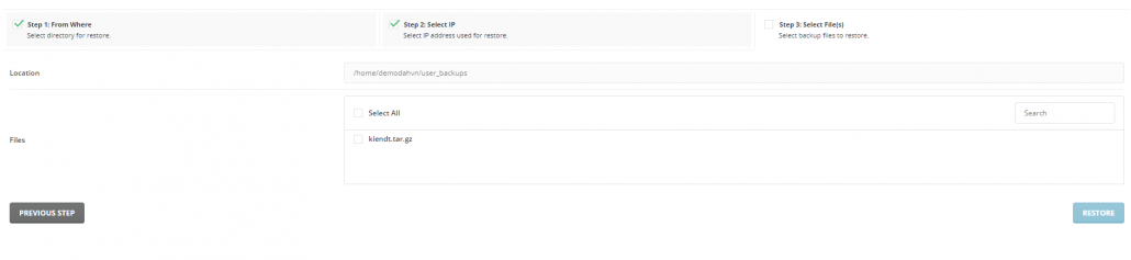 Hướng dẫn phục hồi dữ liệu cho các user trong tài khoản Reseller DirectAdmin 19 chon backup file để phục hồi