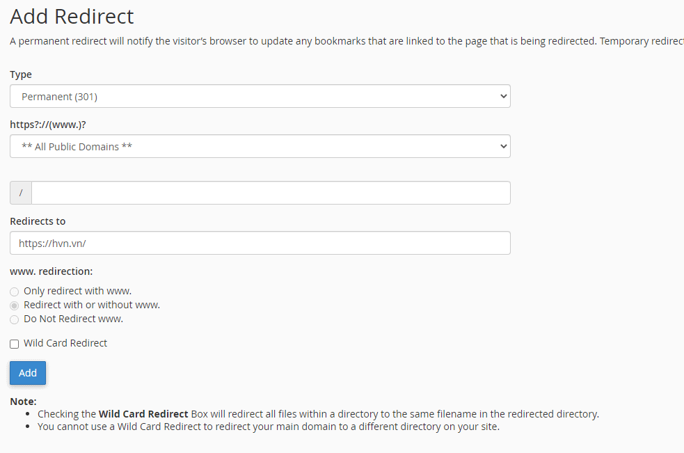 Hướng dẫn sử dụng tính năng Redirects trên cPanel 8 thêm redirect trong cpanel