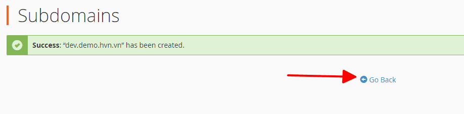 Hướng dẫn tạo Subdomain cho Hosting cPanel 17 hoàn thành việc tạo subdomain