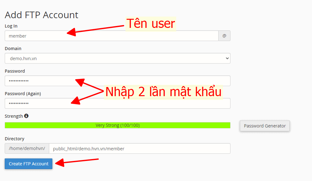 Hướng dẫn tạo tài khoản FTP trên hosting sử dụng cPanel 9 nhập thông tin tài khoản ftp