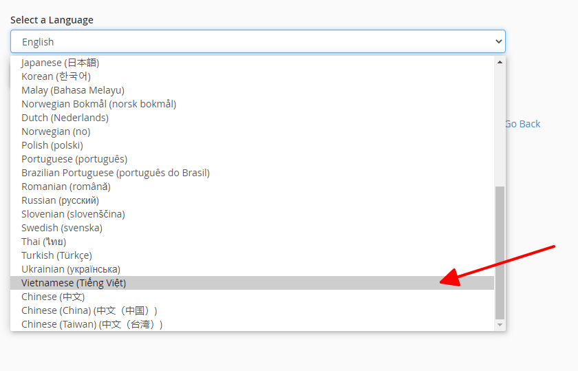 Hướng dẫn thay đổi giao diện và ngôn ngữ trên cPanel 16 chọn ngôn ngữ phù hợp