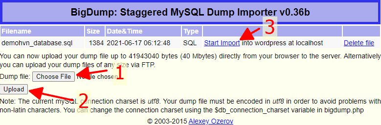 sử dụng bigdump để import database