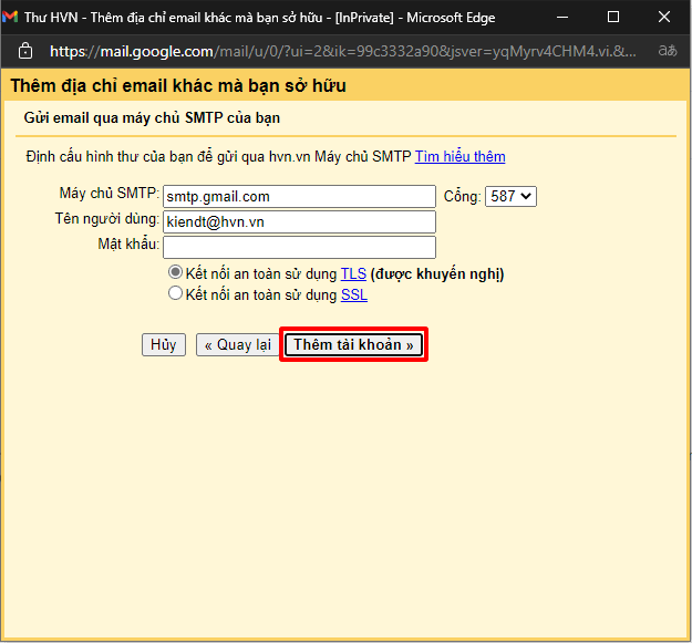 Hướng dẫn sử dụng Gmail để gửi thư từ các địa chỉ email khác 24 nhập thông tin máy chủ smtp