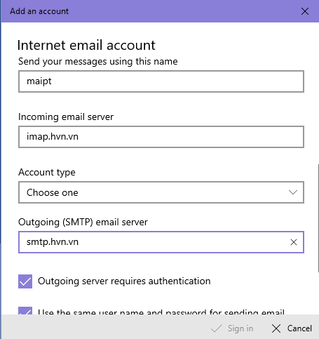 Hướng dẫn thiết lập Email Business trong ứng dụng Mail của Windows 10 25 điền thông tin smtp