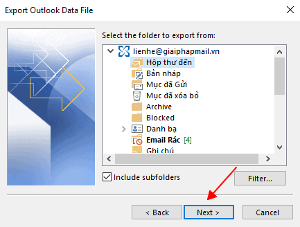 Hướng dẫn sao lưu Email trên Outlook 20 chọn hộp thư cần sao lưu