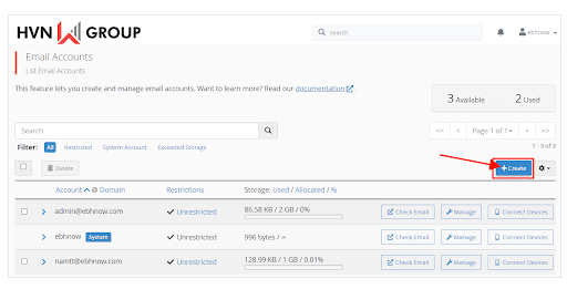 Hướng dẫn khởi tạo địa chỉ email trên dịch vụ Email Business Hosting (EBH) 15 Bấm vào chọn Create