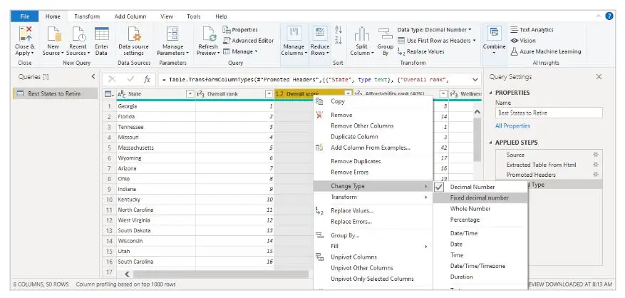 data pane ở phần trung tâm