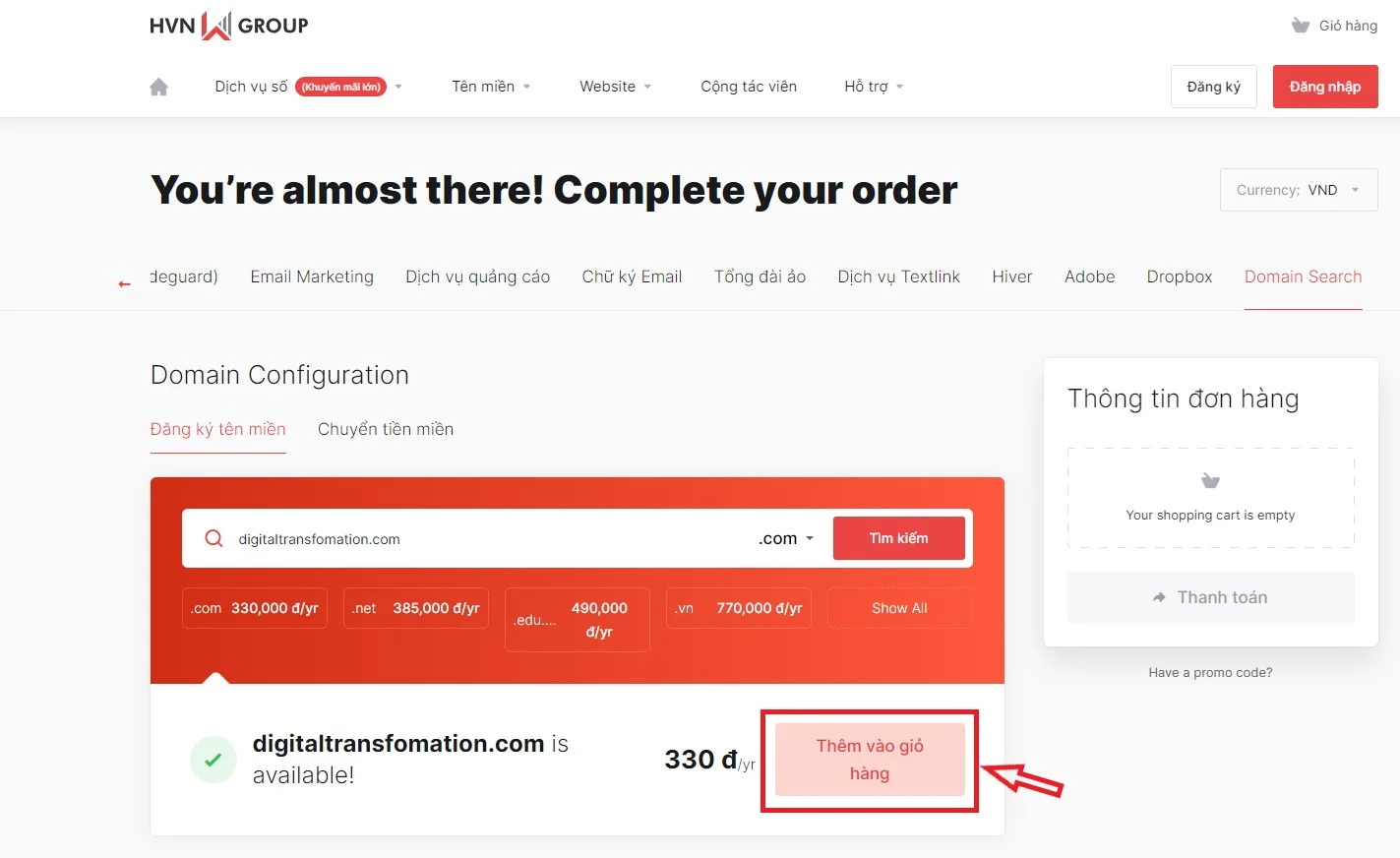 Tên miền .com là gì? Sự khác biệt giữa tên miền .com và .vn 26 thêm tên miền vào giỏ hàng