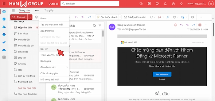 Hướng dẫn tạo thư mục cho từng người gửi Email trong Outlook chi tiết 14 Doi Ten Thu Muc Outlook (1)