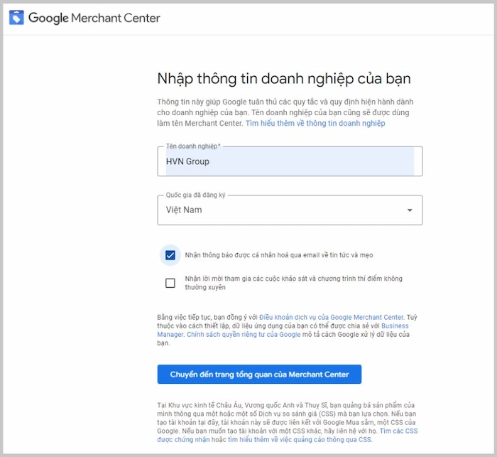 Thiết Lập Tài Khoản Google Merchant Center Hoàn Tất