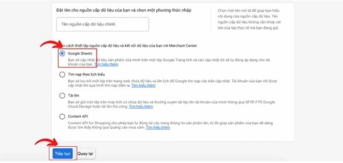 Tích Chọn Nguồn Cấp Dữ Liệu Là Google Sheet
