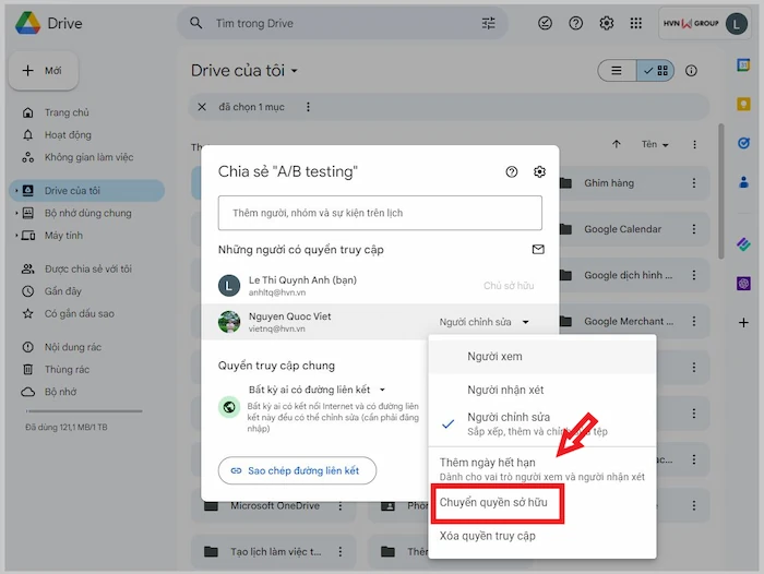 03 Cách chuyển chủ sở hữu Google Drive đơn giản cho Newbie 23 Tuỳ Chọn Chuyển Quyền Sở Hữu