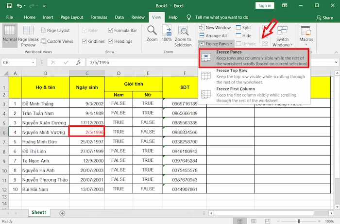 Cách đóng Băng Hàng Và Cột đồng Thời Trong Excel