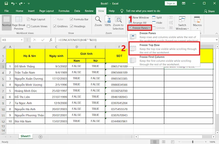 Cách đóng Băng Một Hàng Trong Excel