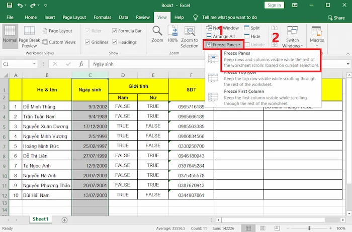 Cách đóng Băng Nhiều Cột Trong Excel