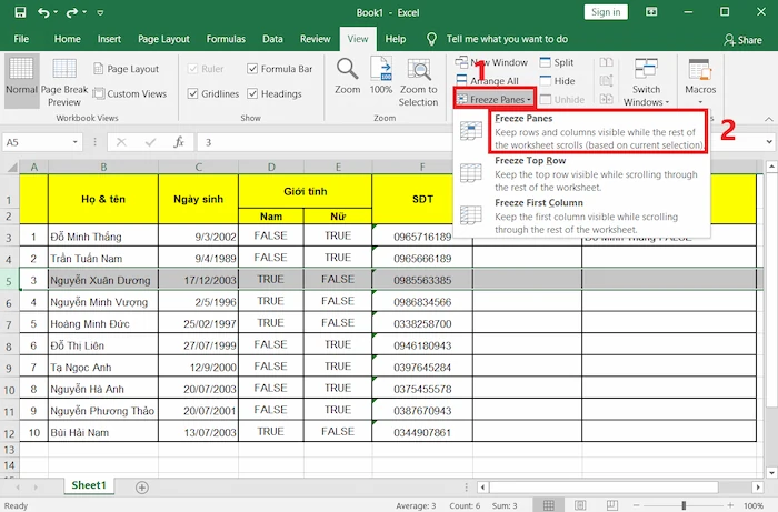 Đóng Băng Hàng Trong Excel Với Tính Năng Freeze Panes