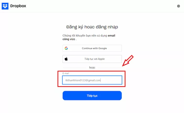 Nhập Email Của Bạn đã Có Hiện Tại để đăng Ký Tài Khoản