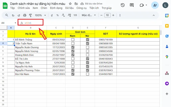 Cách đánh số thứ tự trong Google Sheets bằng cách +1