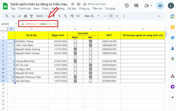 Kết hợp hàm ROW và hàm IF đánh số thứ tự trong Google Sheets