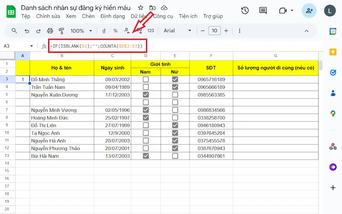 Đánh Số Thứ Tự Trong Google Sheets Bằng Hàm COUNTA