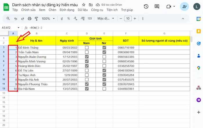 Đánh Số Thứ Tự Trong Google Sheets Bằng Hàm ROW