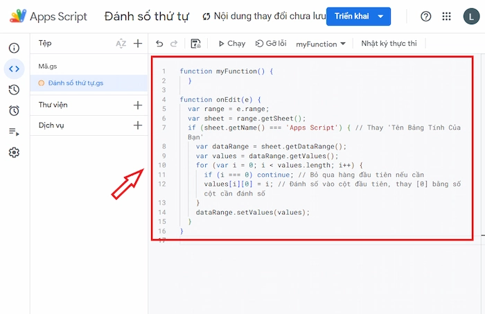 Nhập đoạn Mã Dưới đây Vào Giao Diện Apps Script