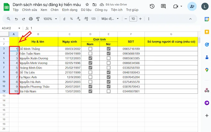 Cách đánh Số Thứ Tự Trong Google Sheets Bằng Chuột Máy Tính