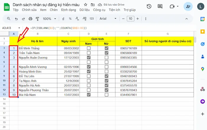 Sử Dụng Hàm COUNTA để đánh Số Thứ Tự Trong Google Sheets