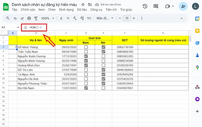 Sử Dụng Hàm ROW đánh Số Thứ Tự Trong Google Sheets