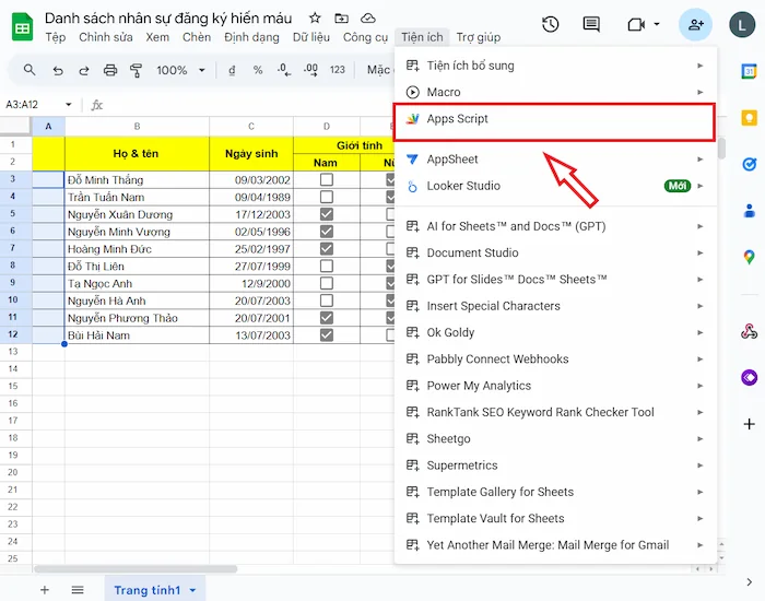 Sử dụng Google Apps Script để đánh số thứ tự tự động trong Google Sheets