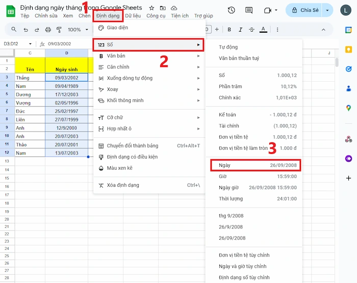 Định Dạng Ngày Tháng Trong Google Sheets Với định Dạng Mặc định