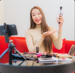 Portrait Beautiful Young Asian Woman Reviews Uses Cosmetics Sofa 1 (1)