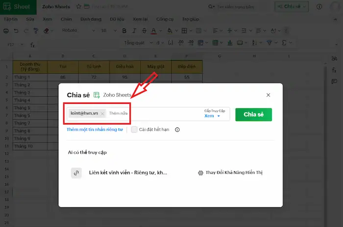 Zoho Sheets là gì? Tất tần tật về công cụ bảng tính trực quan 48 Nhập địa Chỉ Email Cộng Tác Trên Zoho Sheets