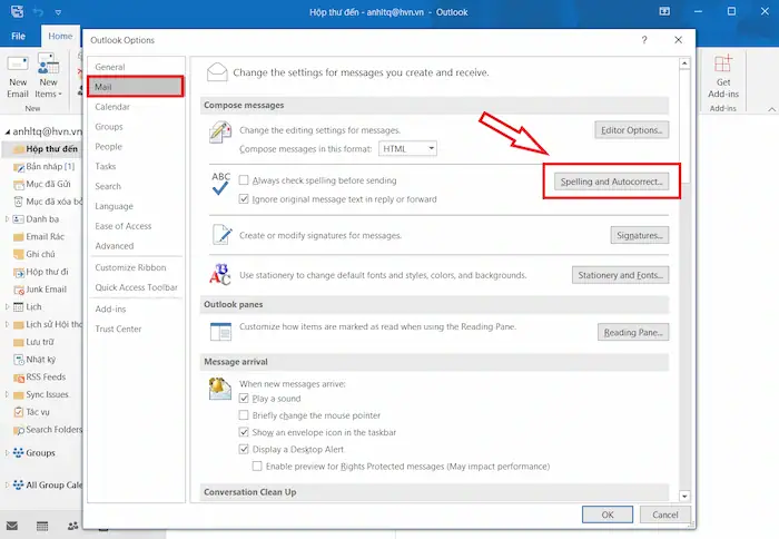 Hướng dẫn bật hoặc tắt kiểm tra lỗi chính tả trong Outlook "đơn giản 8 Tìm Mục Spelling And Autocorrect Trong Phần Compose Messages