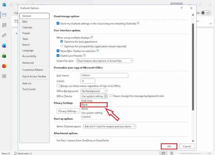 Cách thay đổi giao diện Outlook trên máy tính & điện thoại chi tiết 22 Bật Dark Mode Trong Outlook (1)