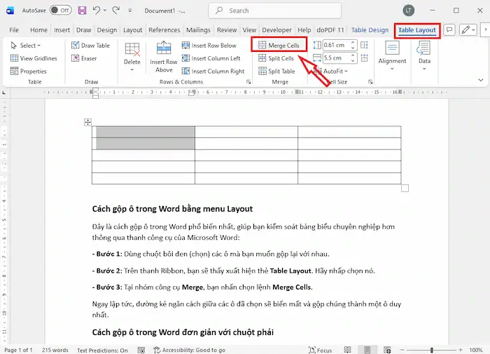 Cách gộp ô trong Word cực nhanh và đơn giản (Mọi phiên bản) 17 Cách Gộp ô Trong Word Bằng Menu Layout