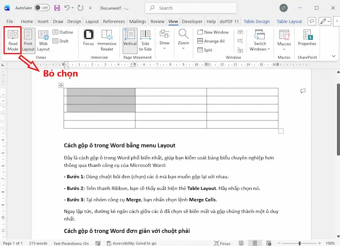 Cách gộp ô trong Word cực nhanh và đơn giản (Mọi phiên bản) 26 Nút Merge Cells Bị ẩn Khi Muốn Gộp ô (1)