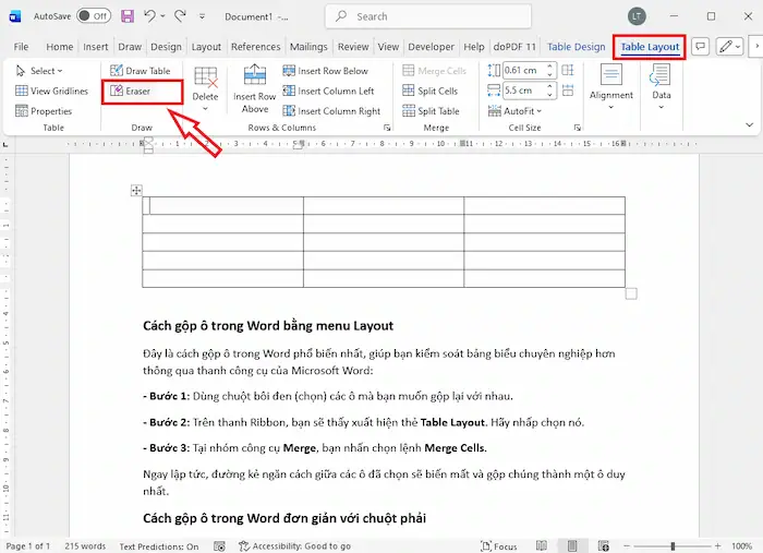 Cách gộp ô trong Word cực nhanh và đơn giản (Mọi phiên bản) 19 Sử Dụng Công Cụ Eraser để Gộp Trong Word