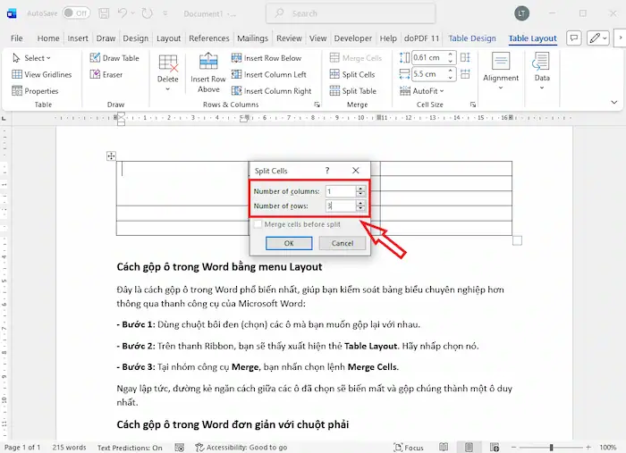 Cách gộp ô trong Word cực nhanh và đơn giản (Mọi phiên bản) 24 Sử Dụng Lệnh Chia ô để Bỏ Gộp ô (1)