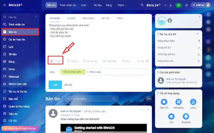 Bitrix24 Copilot là gì? Tổng quan về "Trợ lý AI" thế hệ mới 25 Kích Hoạt Bitrix24 Copilot Trong Feed