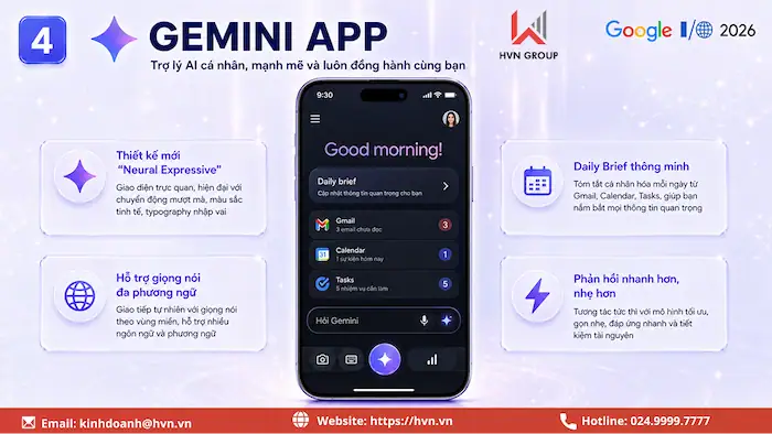 Google "thổi bay" mọi giới hạn với 12+ công bố khủng tại Google I/O 2026 19 4. Gemini App Trợ Lý AI Cá Nhân Mạnh Mẽ