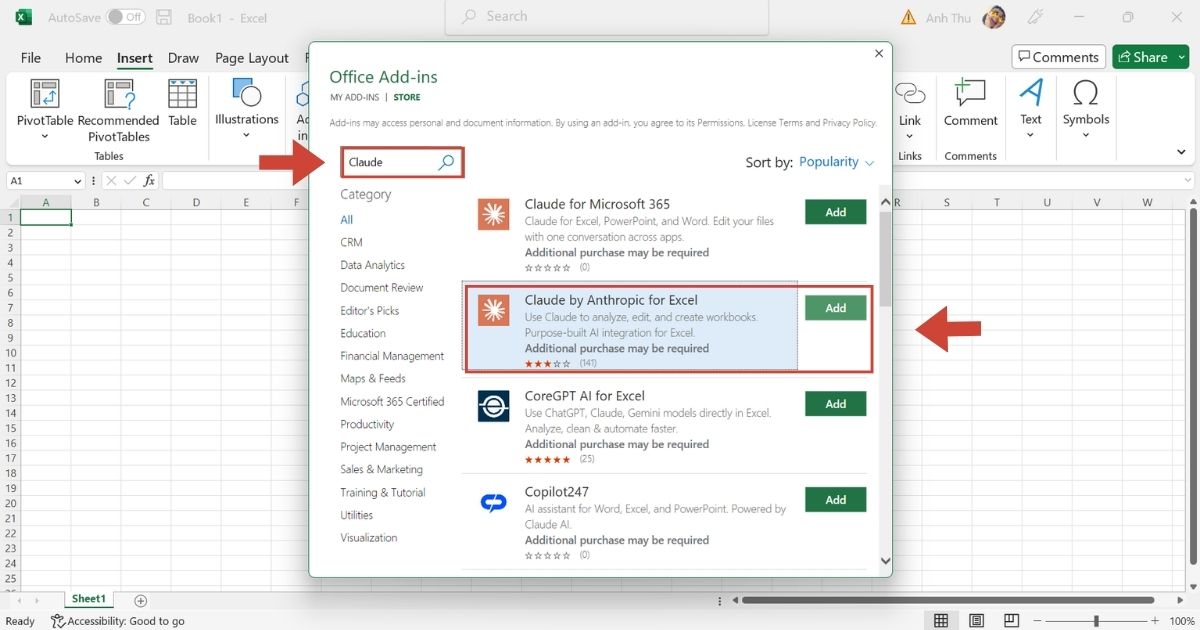 Claude for Excel là gì? Tính năng và cách cài đặt đơn giản 37 tìm kiếm và nhấn Add (Thêm)