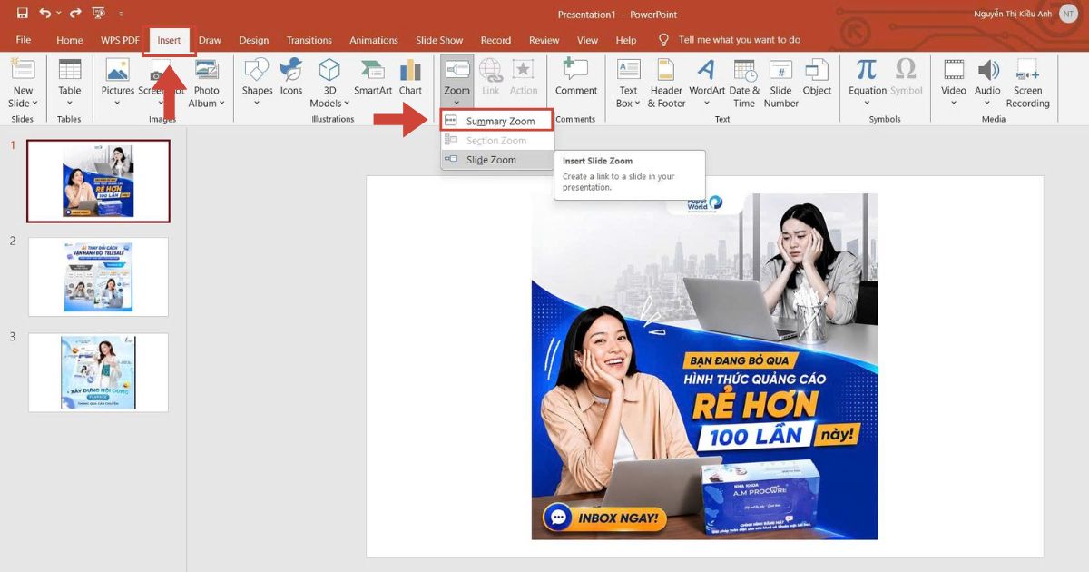 05 Cách dùng hiệu ứng phóng to ảnh trong PowerPoint chi tiết từ A-Z 49 chọn Thu phóng Tóm tắt (Summary Zoom)
