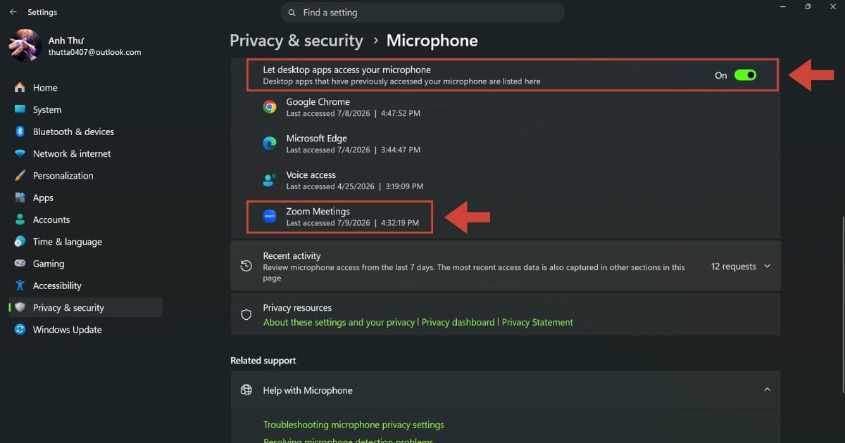Cách bật mở mic trên Zoom khi bị mất tiếng chỉ trong 5 phút 30 nhìn xuống dòng Let desktop apps access your microphone