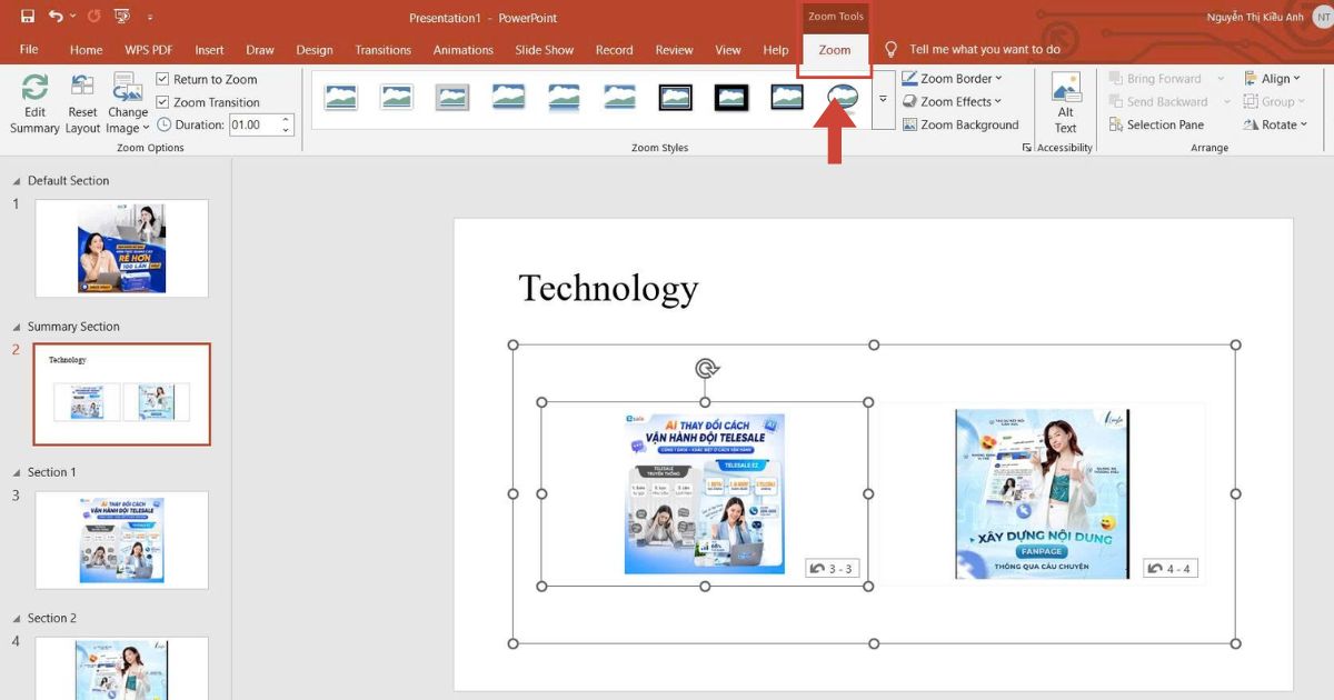 05 Cách dùng hiệu ứng phóng to ảnh trong PowerPoint chi tiết từ A-Z 52 nhấp chọn tab Thu phóng (Zoom)